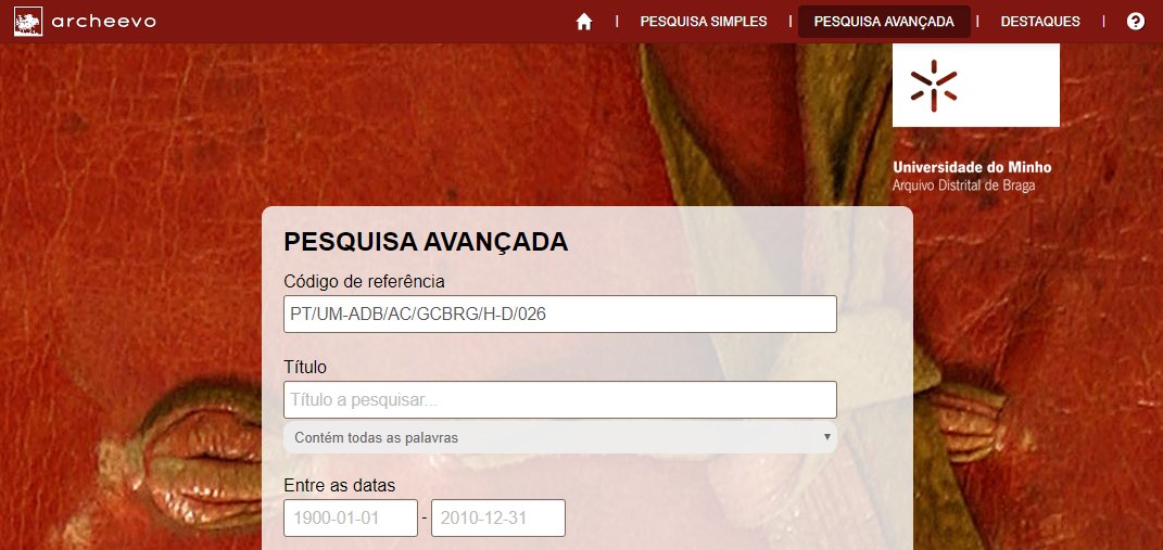 Tela de pesquisa do Arquivo Distrital de Braga