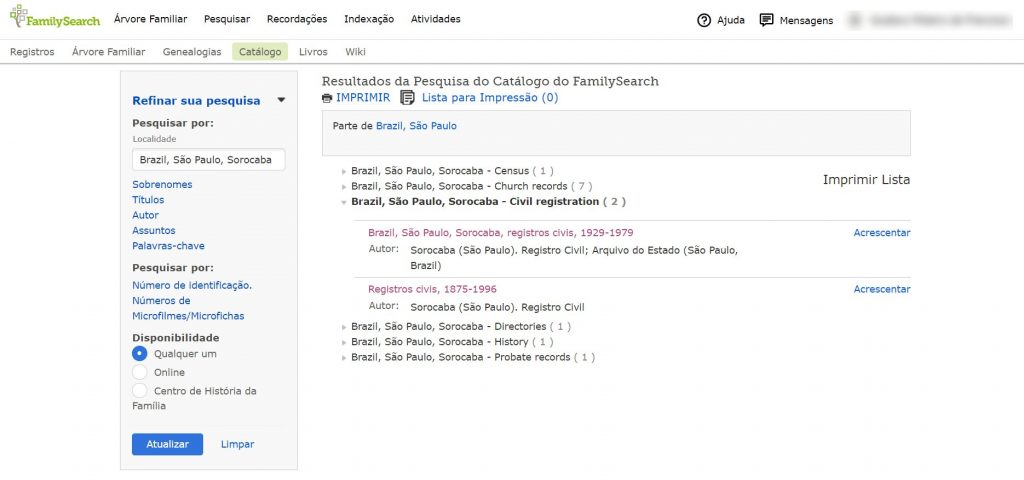 Catálogo de Sorocaba, São Paulo, no FamilySearch (Foto: Reprodução)