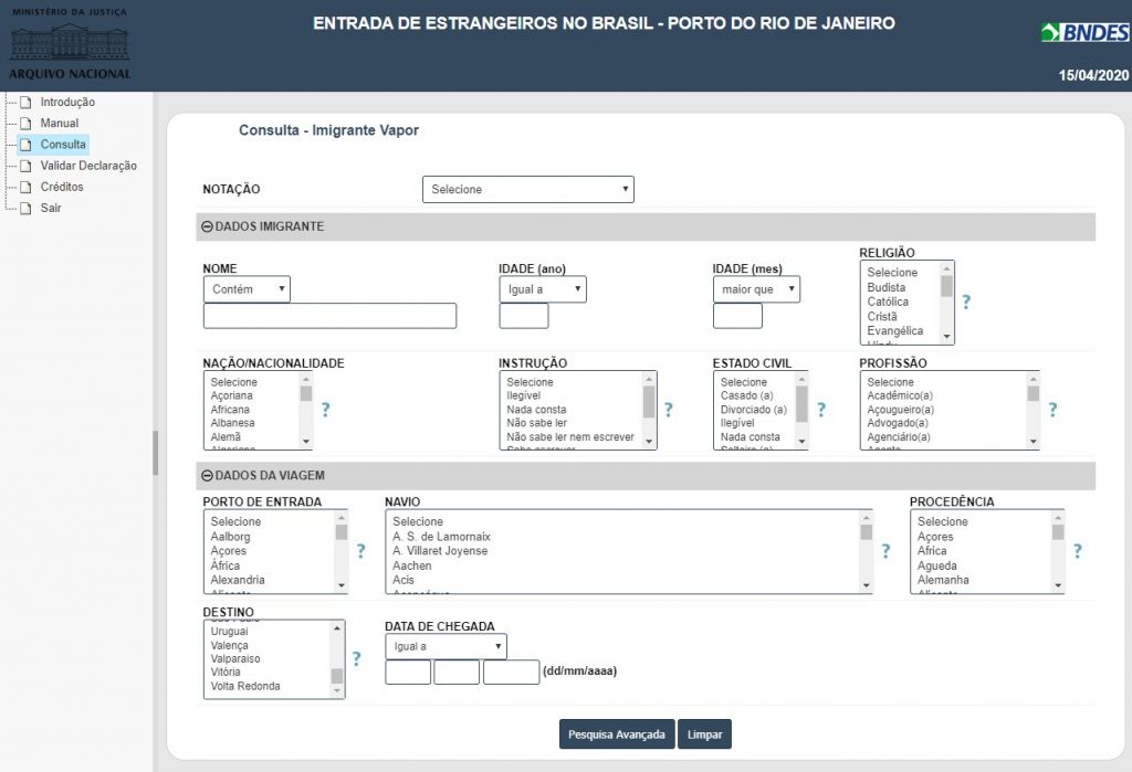 Tela de consulta da base de dados de Entrada de Estrangeiros no Brasil - Porto do Rio de Janeiro.